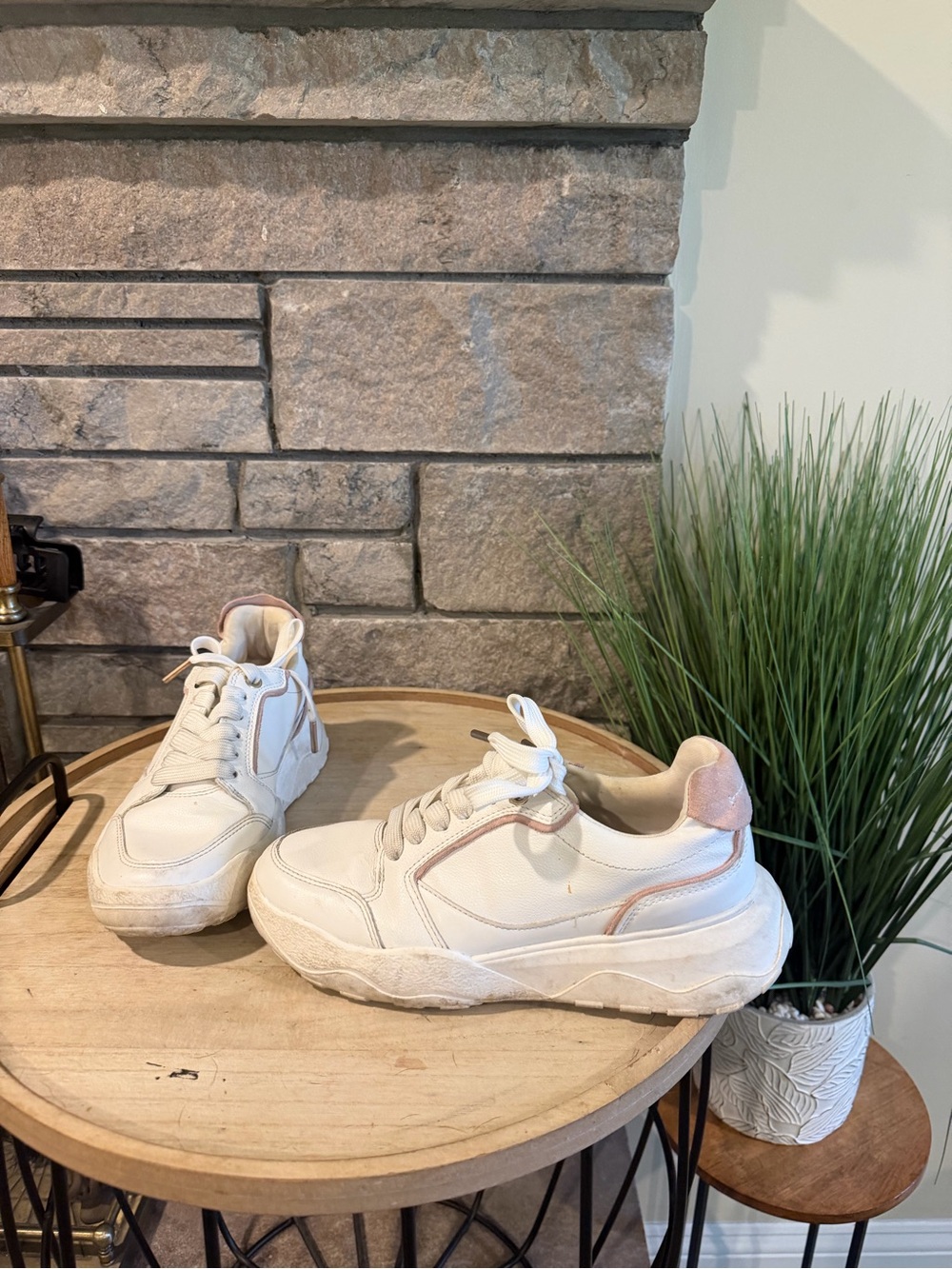 Zara White Sneakers with Light Pink Trim - Lace-Up